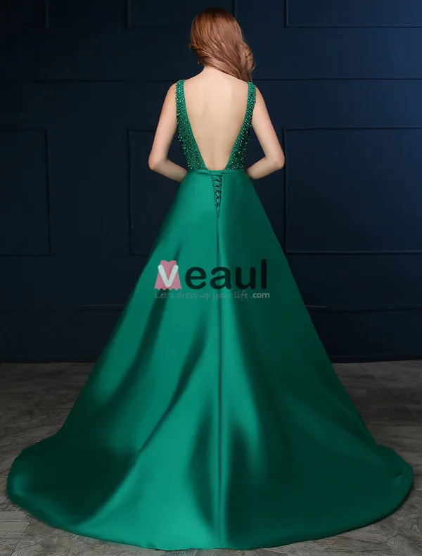 2016 Deep V-neck Beaded Lace Backless Dark Green Satin Long Prom Dress