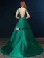 2016 Deep V-neck Beaded Lace Backless Dark Green Satin Long Prom Dress