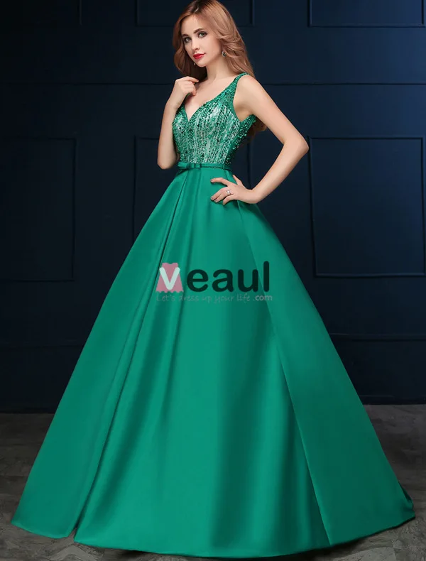2016 Deep V-neck Beaded Lace Backless Dark Green Satin Long Prom Dress