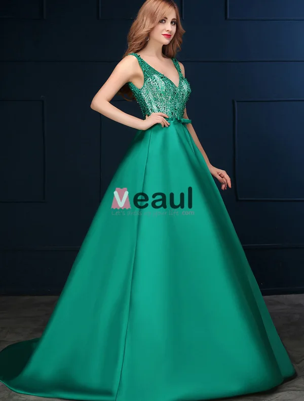 2016 Deep V-neck Beaded Lace Backless Dark Green Satin Long Prom Dress