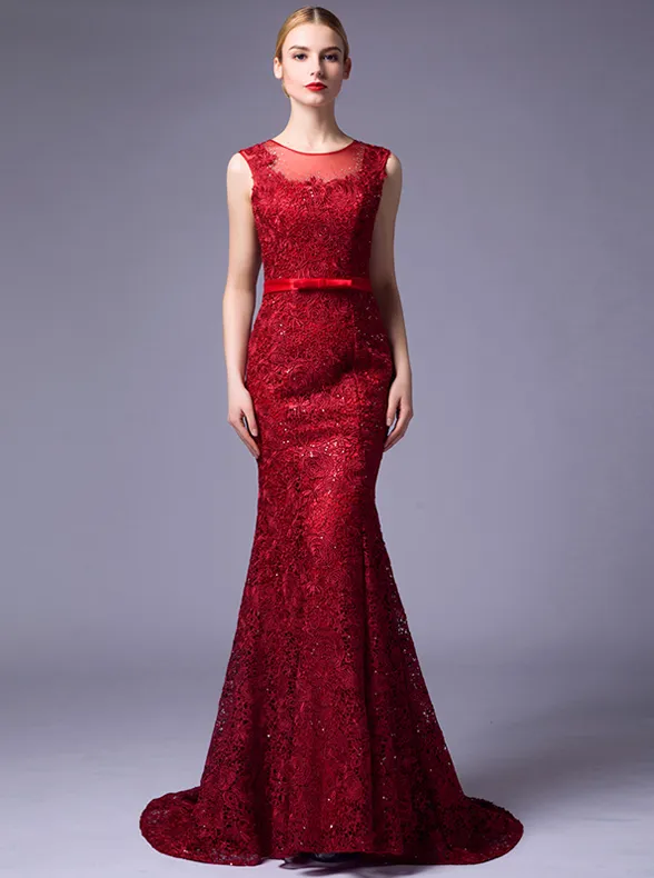2016 Elegant Scoop Neckline Backless Rhinestone Red Lace Evening Dress With Sash