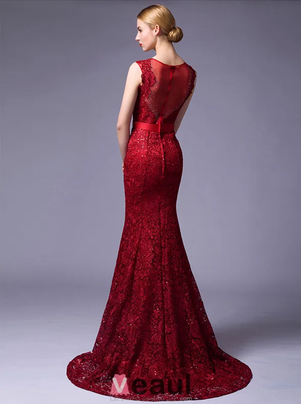 2016 Elegant Scoop Neckline Backless Rhinestone Red Lace Evening Dress With Sash