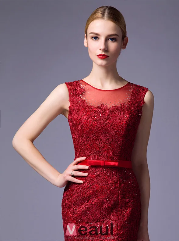 2016 Elegant Scoop Neckline Backless Rhinestone Red Lace Evening Dress With Sash