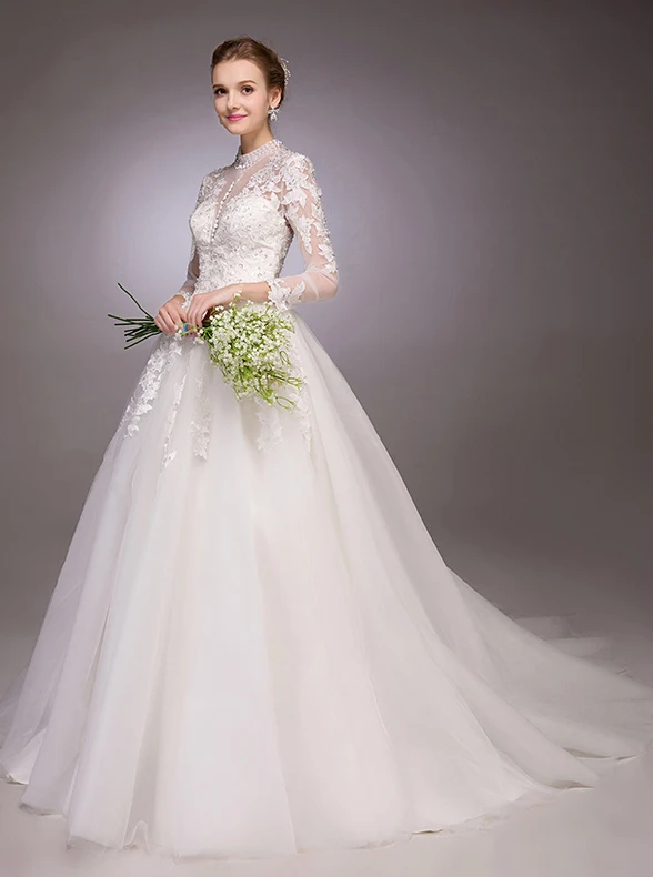 2016 Elegant A Line Sequins High Neck Applique Lace Backless Wedding Dress