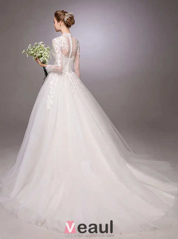 2016 Elegant A-line Sequins High Neck Applique Lace Backless Wedding Dress
