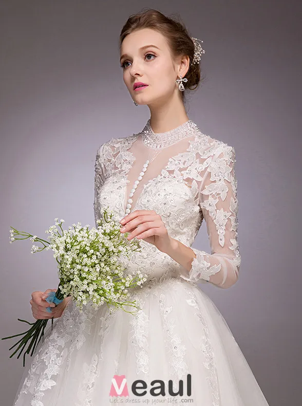 2016 Elegant A-line Sequins High Neck Applique Lace Backless Wedding Dress