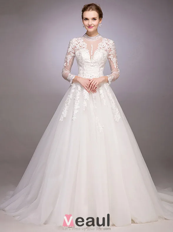 high neck backless wedding dresses Unique A-Line Scoop Neck Long Sleeves Backless Pleated Satin Wedding G –  VOS LEE