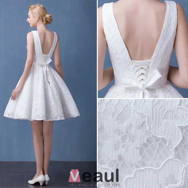 2016 Deep V-neck Backless White Lace Short Wedding Dress With Sash