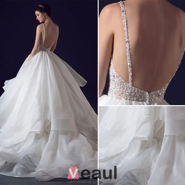 2016 Sexy Robe De Bal Volants Paillettes V-cou Cascade Robe de mariée dos nu