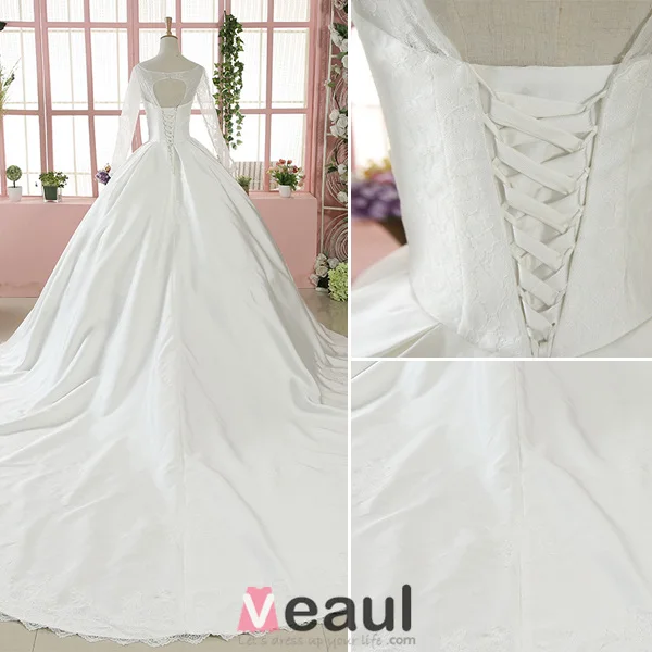 2016 Gorgeous Ball Gown V-neck Long Sleeves Applique Lace Backless White Satin Wedding Dress With 1 M Tailing