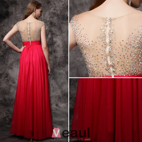 2016 Glittrig Paljett Urringning Backless Röd Chiffong Balklänning