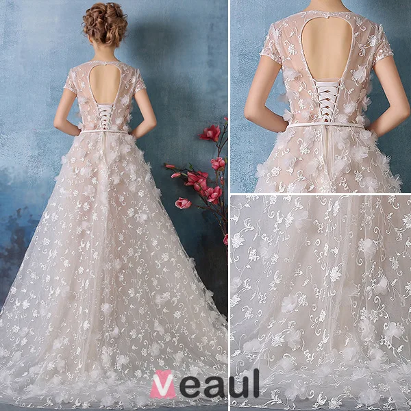 2016 Wunderschönen Quadratischen Ausschnitt Perlen Applikationen Blätter Champagner Spitze Brautkleid Mit Schärpe