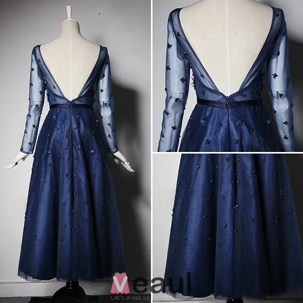 2016 Beautiful A-line Scoop Neck Tea Length Applique Flower Sequin Royal Blue Tulle Party Dress With Sash