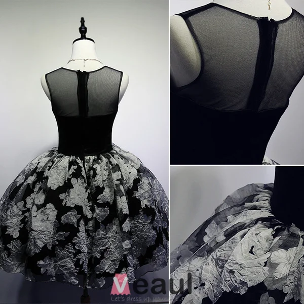 Liten Svart Dress 2016 Scoop Halsen Trykte Blomster Tyll Cocktailkjole