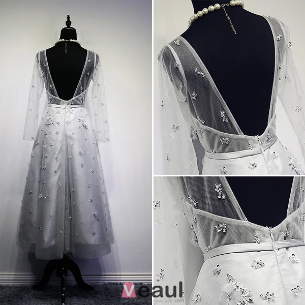 Festkjole 2016 Mote Scoop Halsen Beaded Paljett Applikasjon Blomst Ryggløse Grå Kjole Med Sash