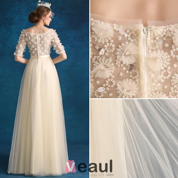 Princess Evening Dresses 2016 Applique Champagne Tulle Long Prom Dresses With 1/2 Sleeves