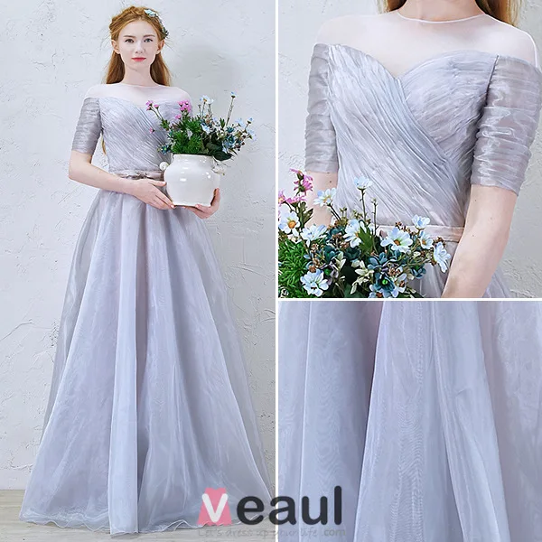 2016 A-line Scoop Neckline 1/2 Sleeves Backless Blue Grey Organza Party Dress With Sash