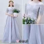 2016 A-line Scoop Neckline 1/2 Sleeves Backless Blue Grey Organza Party Dress With Sash