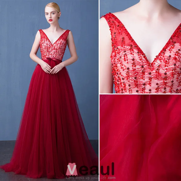 2016 Glamour Col V Profond Cristal Sans Dossier De Perles Bordeaux Tulle Robe De Soirée Avec Ceinture