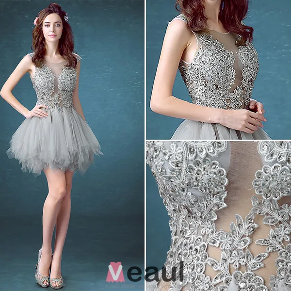 2016 Sexy Scoop Neck Sleeveless Sequin Lace Mix Green Grey Tulle Short Cocktail Dress