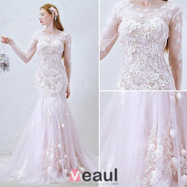 2016 Mermaid Gorgeous Scoop Neckline Applique Lace Flowers Long Sleeves Backless Pink Tulle Wedding Dress