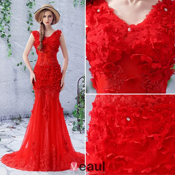 2016 Gorgeous Mermaid V-neck Backless Applique Petal Lace Beading Rhinestone Red Tulle Evening Dress