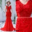 2016 Gorgeous Mermaid V-neck Backless Applique Petal Lace Beading Rhinestone Red Tulle Evening Dress