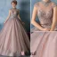 2016 Elegant High Neck Applique Glitter Lace Cameo Brown Organza Prom Dress With Metal Leaf Sash