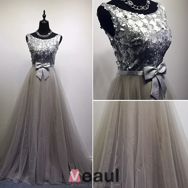 2016 Glamorous Scoop Neck Silver Sequins Champagne Tulle Prom Dress With Bow Sash