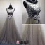 2016 Glamorous Scoop Neck Silver Sequins Champagne Tulle Prom Dress With Bow Sash