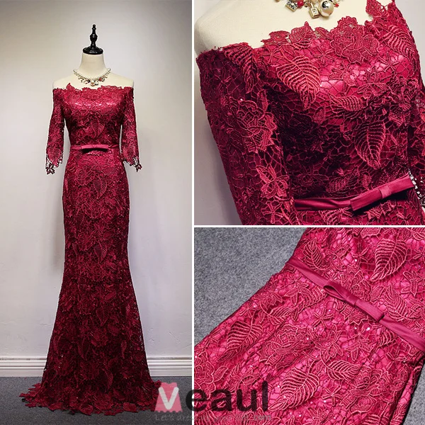 2016 Elegant Off The Shoulder Thick Lace Burgundy Long Evening Dress With Bow Sash