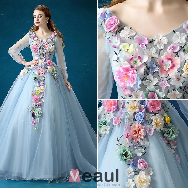 Flower Fairy Dress 2016 Long Sleeves Backless Handmade Colorful Flowers Long Prom Dress
