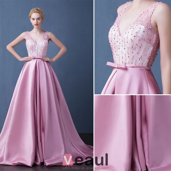 Prom Dress 2016 Deep V-neck Beading Rhinestones Backless Long Formal Dress With Sash