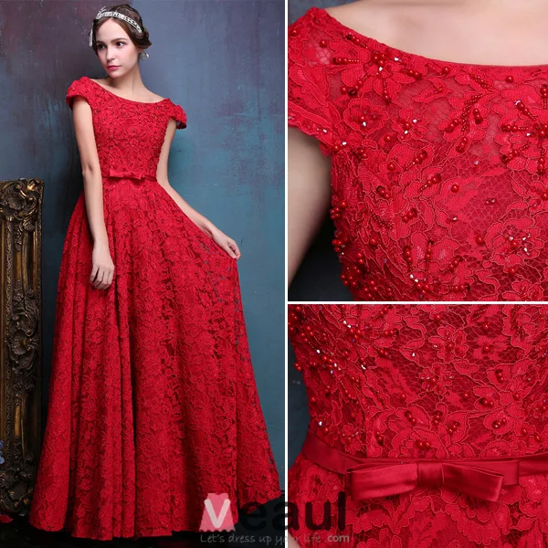 Elegant Evening Dresses 2016 Backless Short Sleeves Beading Red Lace Formal Dresses With Bow Sash