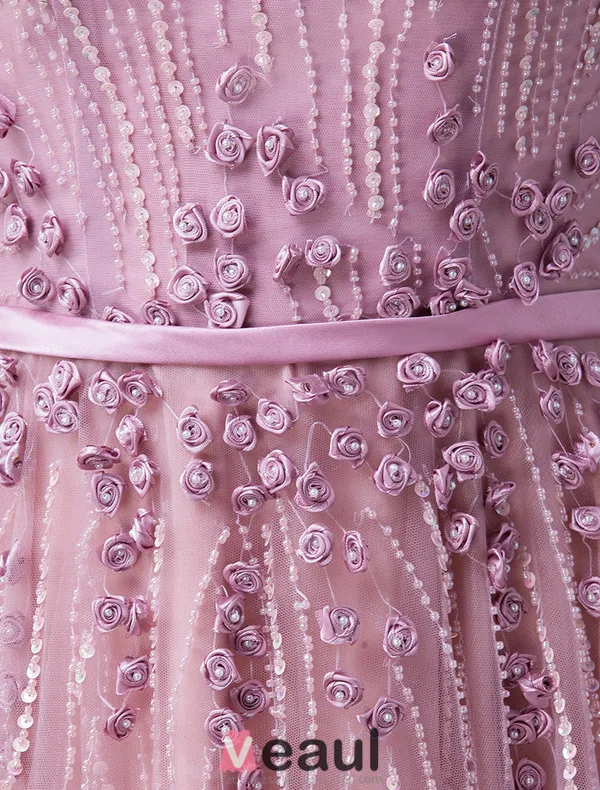 2016 Elegancka Miarka Dekolt Linkę Ręcznie Robione Kwiaty Backless Suknia Wieczorowa Z Szarfą
