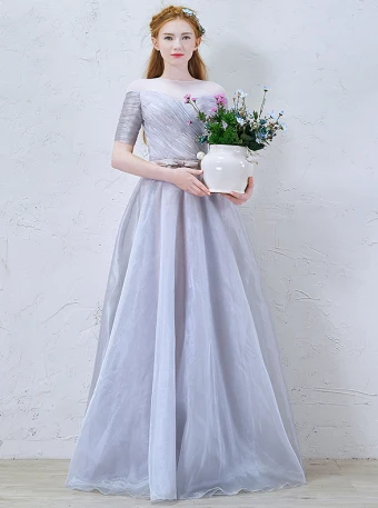 2016 A Linie U Ausschnitt 1 2 Ärmel Rückenfrei Blau Grau Organza Partykleid Mit Schärpe