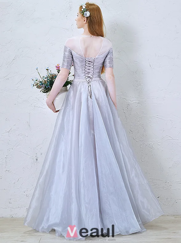 2016 A-line Scoop Neckline 1/2 Sleeves Backless Blue Grey Organza Party Dress With Sash