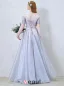 2016 A-line Scoop Neckline 1/2 Sleeves Backless Blue Grey Organza Party Dress With Sash