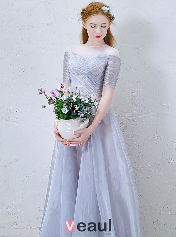 2016 A-line Scoop Neckline 1/2 Sleeves Backless Blue Grey Organza Party Dress With Sash