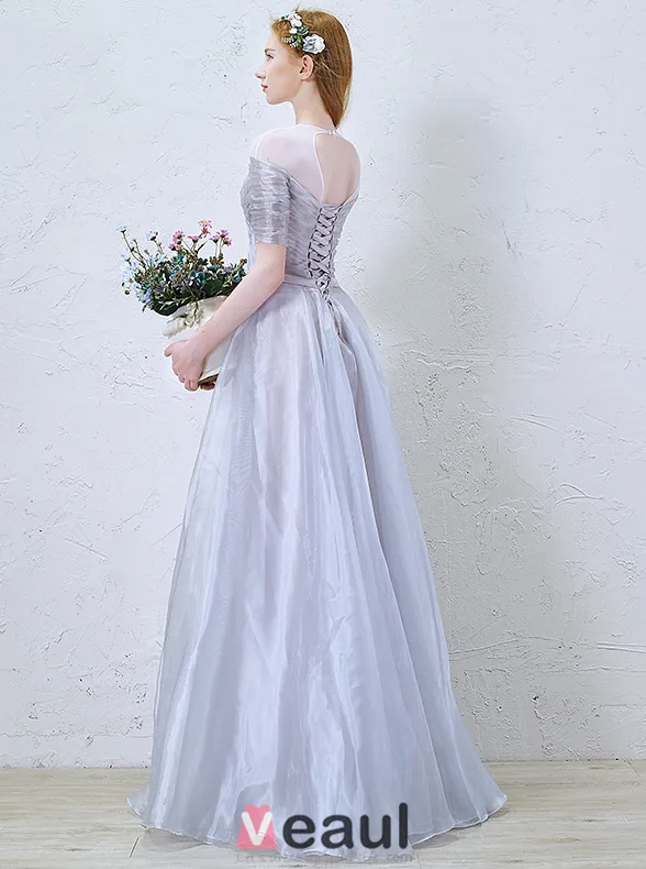 2016 A-line Scoop Neckline 1/2 Sleeves Backless Blue Grey Organza Party Dress With Sash