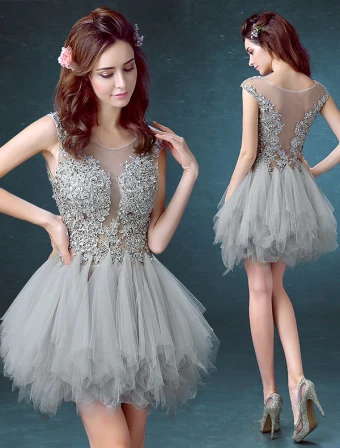 2016 Sexy Scoop Neck Sleeveless Sequin Lace Mix Green Grey Tulle Short Cocktail Dress