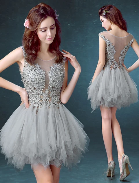 2016 Pelle Sexy Cou Manches Sequin Dentelle Mélanger Tulle Gris Vert Robe De Cocktail Courte