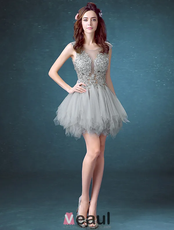 2016 Sexy Scoop Neck Sleeveless Sequin Lace Mix Green Grey Tulle Short Cocktail Dress