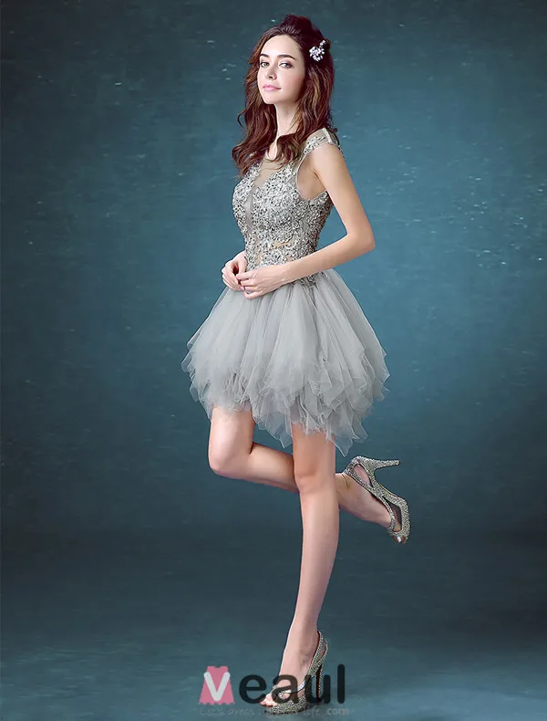 2016 Sexy Scoop Neck Sleeveless Sequin Lace Mix Green Grey Tulle Short Cocktail Dress