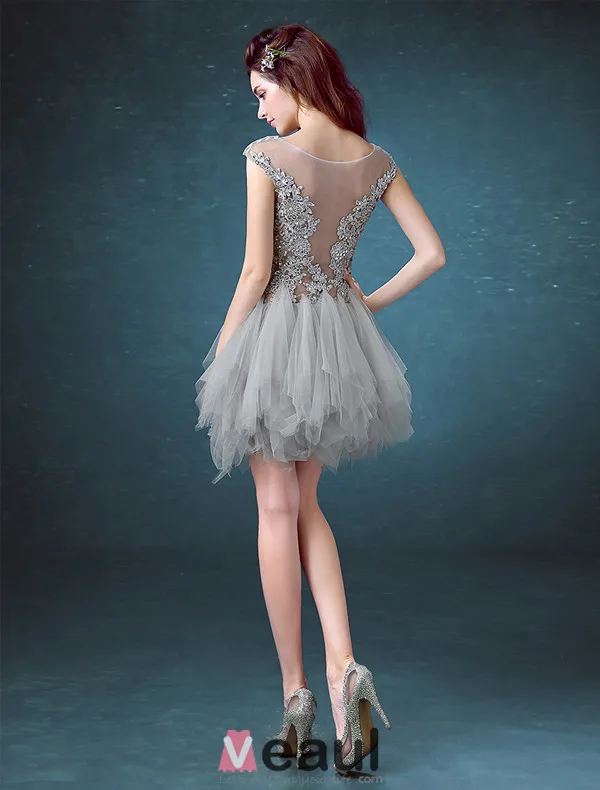 2016 Sexy Scoop Neck Sleeveless Sequin Lace Mix Green Grey Tulle Short Cocktail Dress