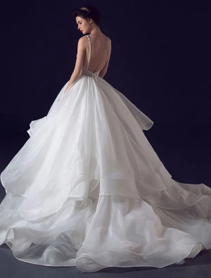 2016 Sexy Baljurk V Hals Pailletten Backless Trapsgewijze Ruches Trouwjurk