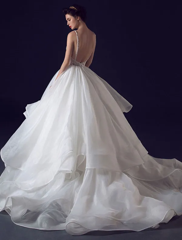 2016 Sexy Ball Gown V-neck Sequins Backless Cascading Ruffles Wedding Dress
