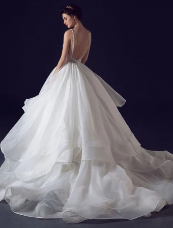 2016 Sexy Baljurk V Hals Pailletten Backless Trapsgewijze Ruches Trouwjurk