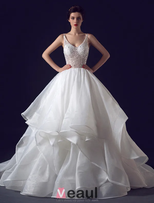 2016 Sexy Robe De Bal Volants Paillettes V-cou Cascade Robe de mariée dos nu