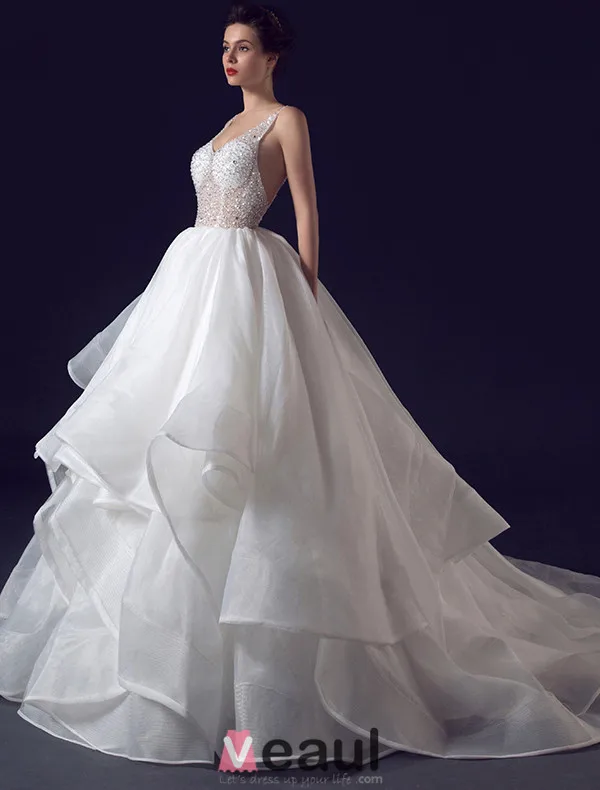 2016 Sexy Robe De Bal Volants Paillettes V-cou Cascade Robe de mariée dos nu